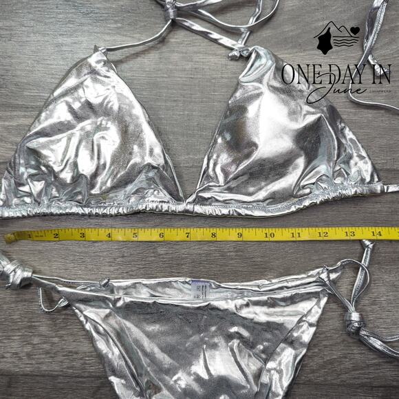 Adisputent Silver Halter Tie Side Bikini Swimsuit Size L - Picture 2 of 4